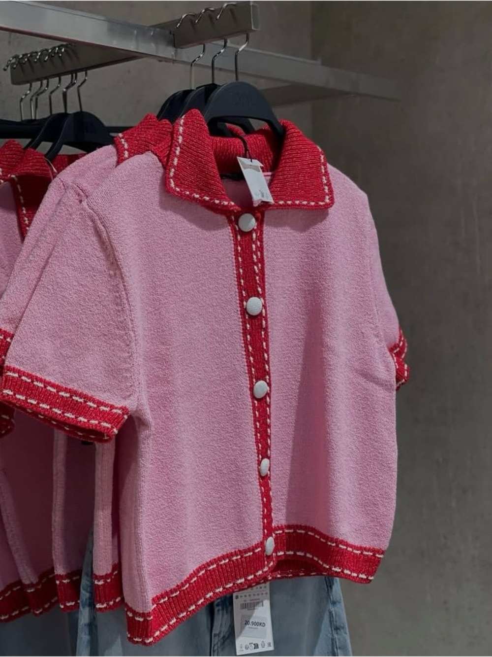 Zara Pink Short-Sleeve Knit Cardigan with Red Trim